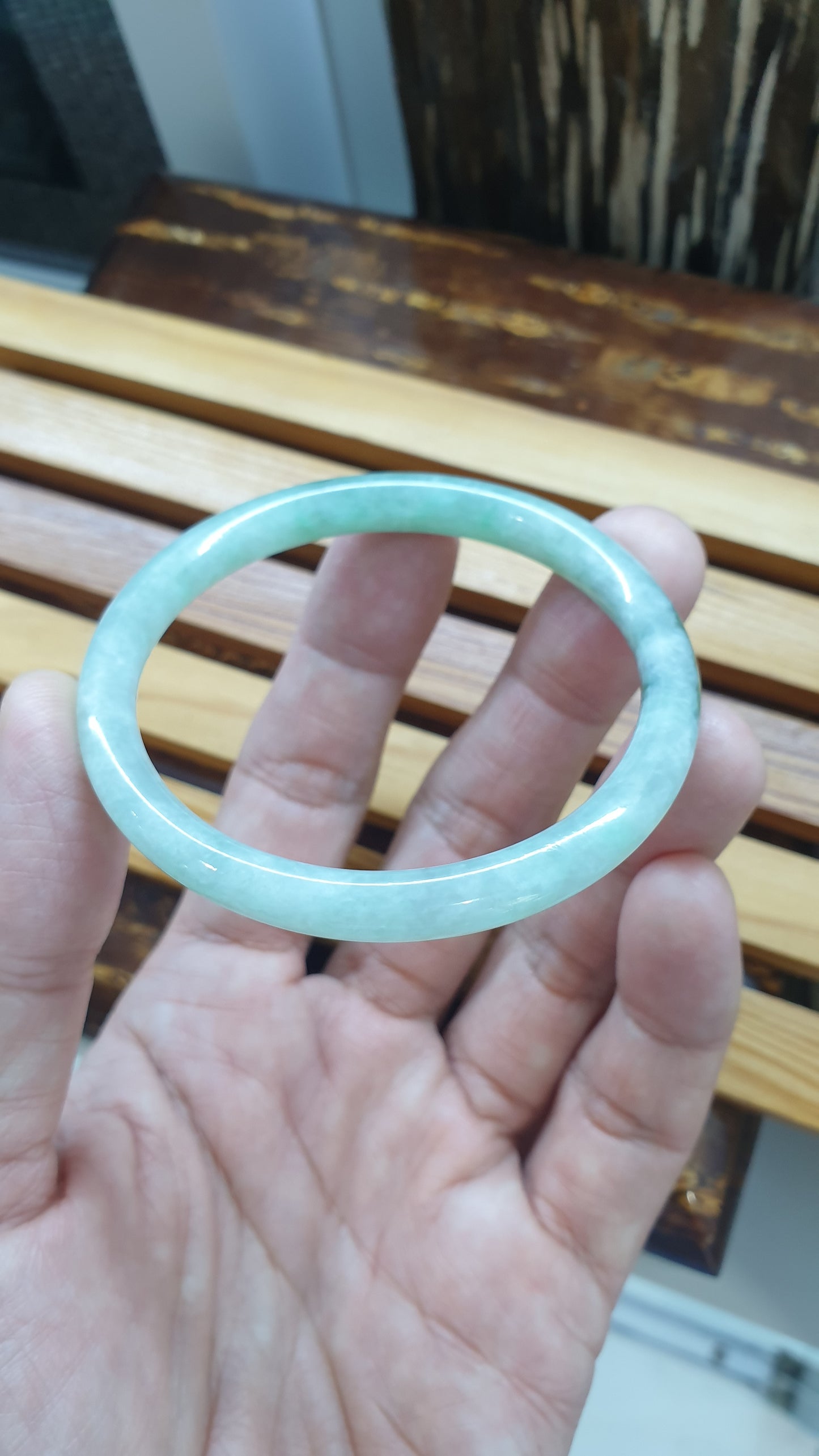 Jade Cylindrical Slim Bangle S56 Type A  Myanmar Jadeite Natural Light Green