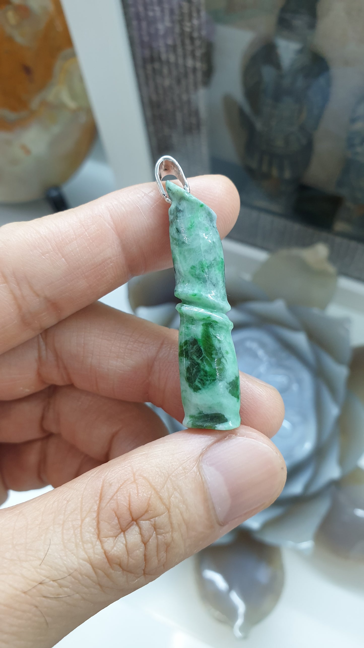 Jade Bamboo Cylinder Pendant Type A Natural Jadeite Sterling Silver S925
