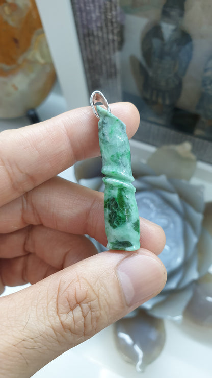 Jade Bamboo Cylinder Pendant Type A Natural Jadeite Sterling Silver S925