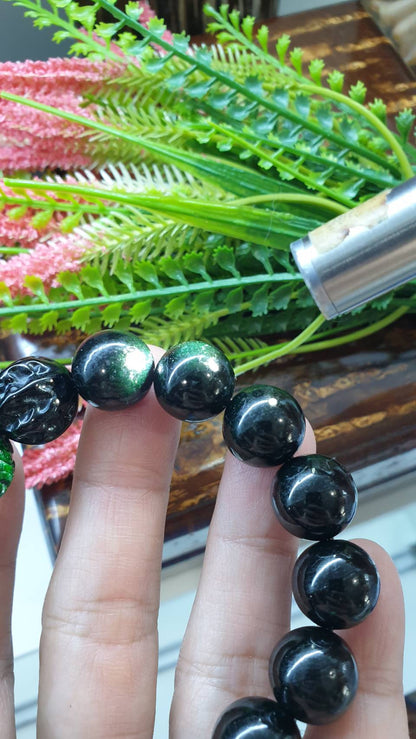 Black Jade Bracelet 18cm Type A Myanmar Jadeite Bodhi and Ru Yi Bead Charms