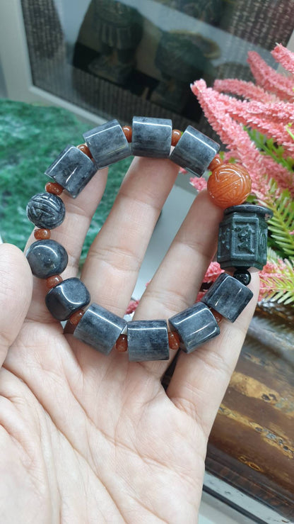 Type A Black Jadeite Bracelet 17cm with Mixed Beads and Red Jade Accents