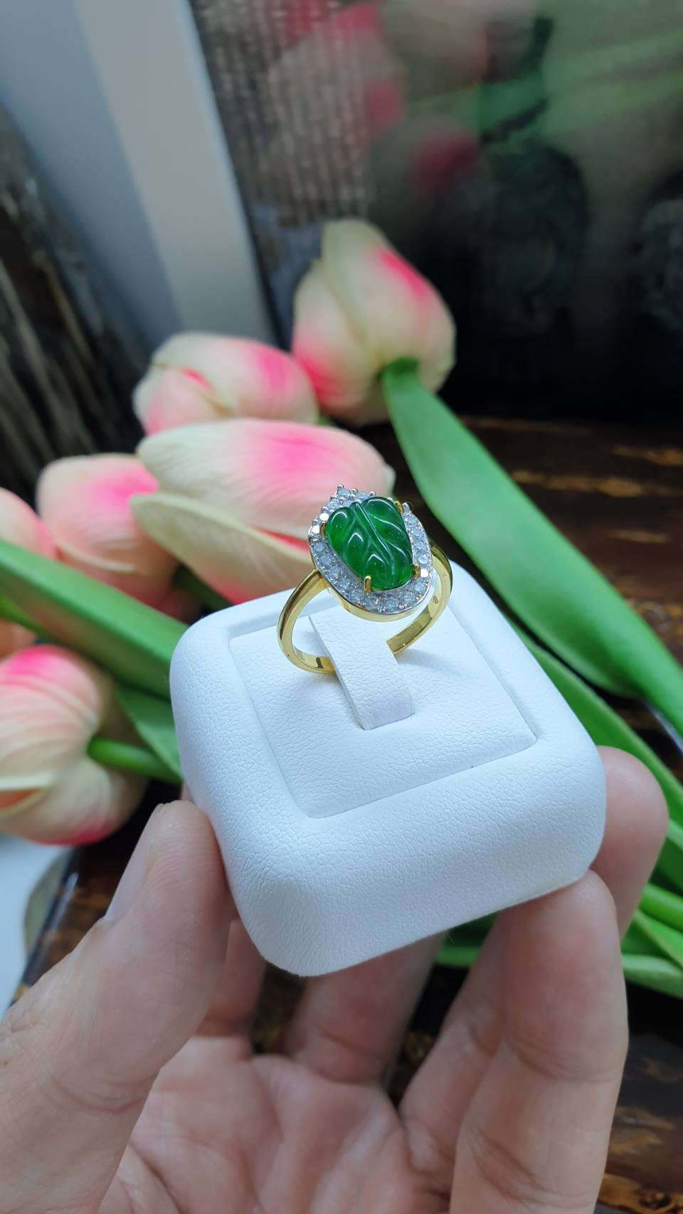 Imperial Jade Leaf & Moissanite Ring (7.5 US)| 9K Gold | Lucky Charm Ring for Her