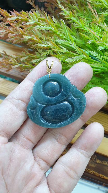 14K Solid Gold Jade Budai Prosperity Pendant Type A Natural Blue Jadeite