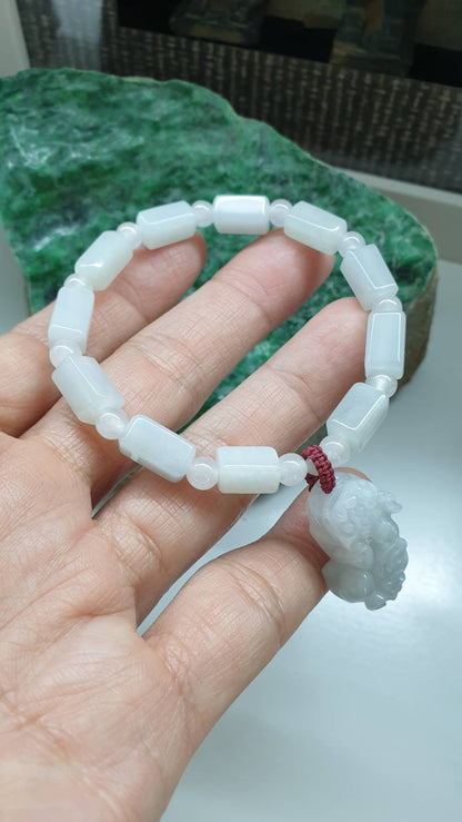 White Jade Pixiu Charm Bracelet 17cm Myanmar Type A Jadeite Cylinder Beads