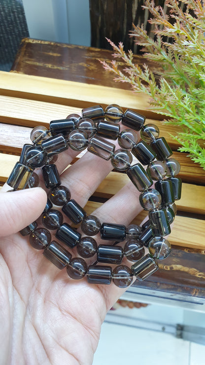 Natural Smoky Quartz Cylinder Beads, Elegant Wristbands 17 cm