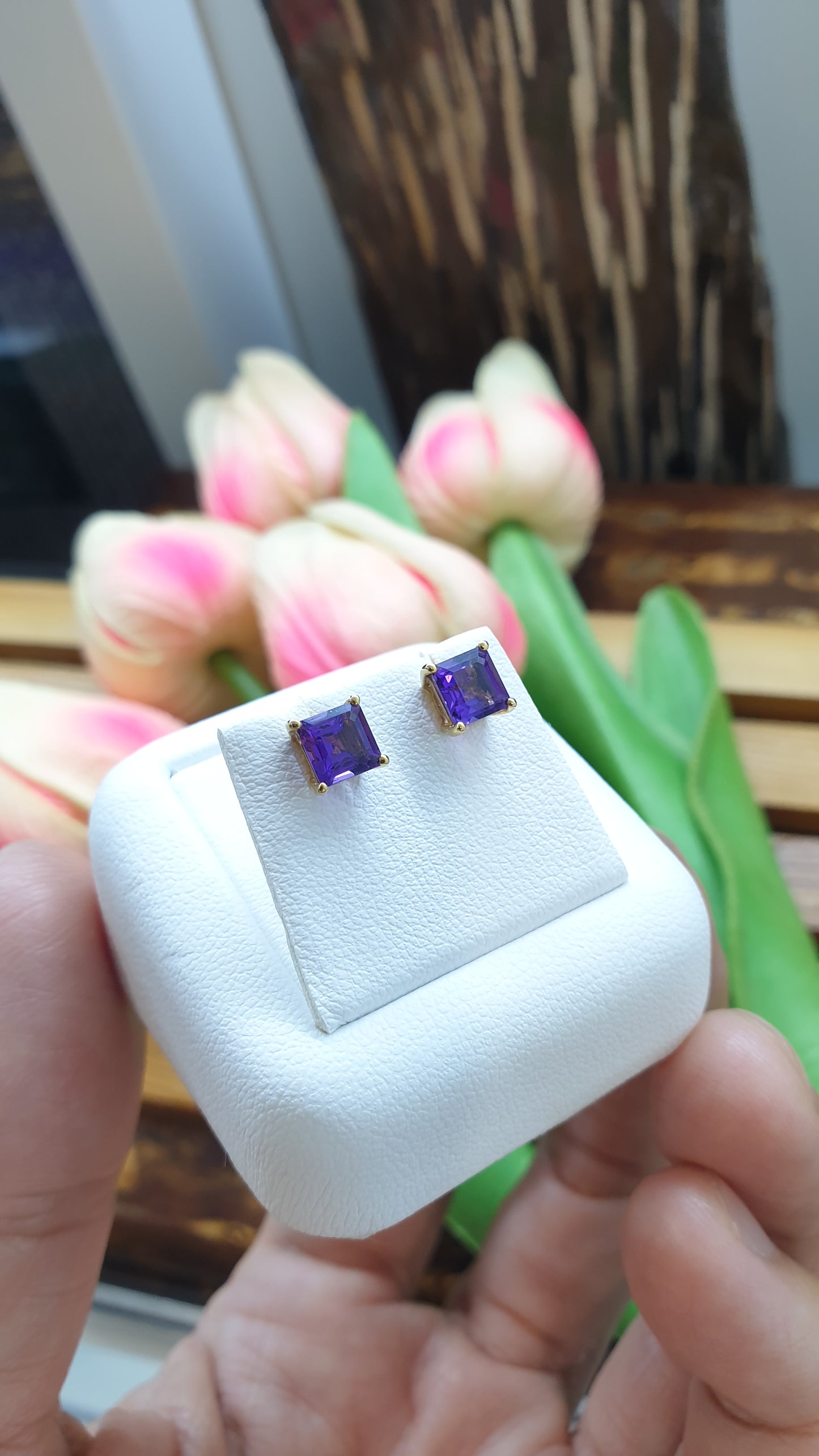 14K Gold Amethyst Princess Stud Earrings Natural Gemstones and Solid Gold
