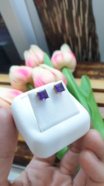 14K Gold Amethyst Princess Stud Earrings Natural Gemstones and Solid Gold