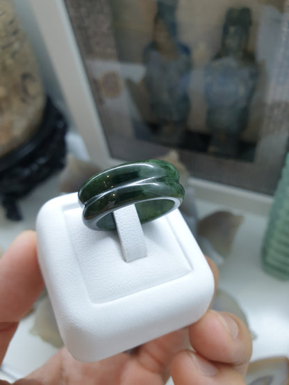 Green Jade Grooved Ring Type A Natural Jadeite Size 9.5 US 61