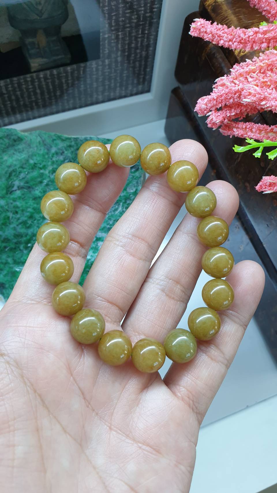 Honey Brown Jade Bracelet 17cm Type A Myanmar Jadeite His or Hers Beaded Wristband