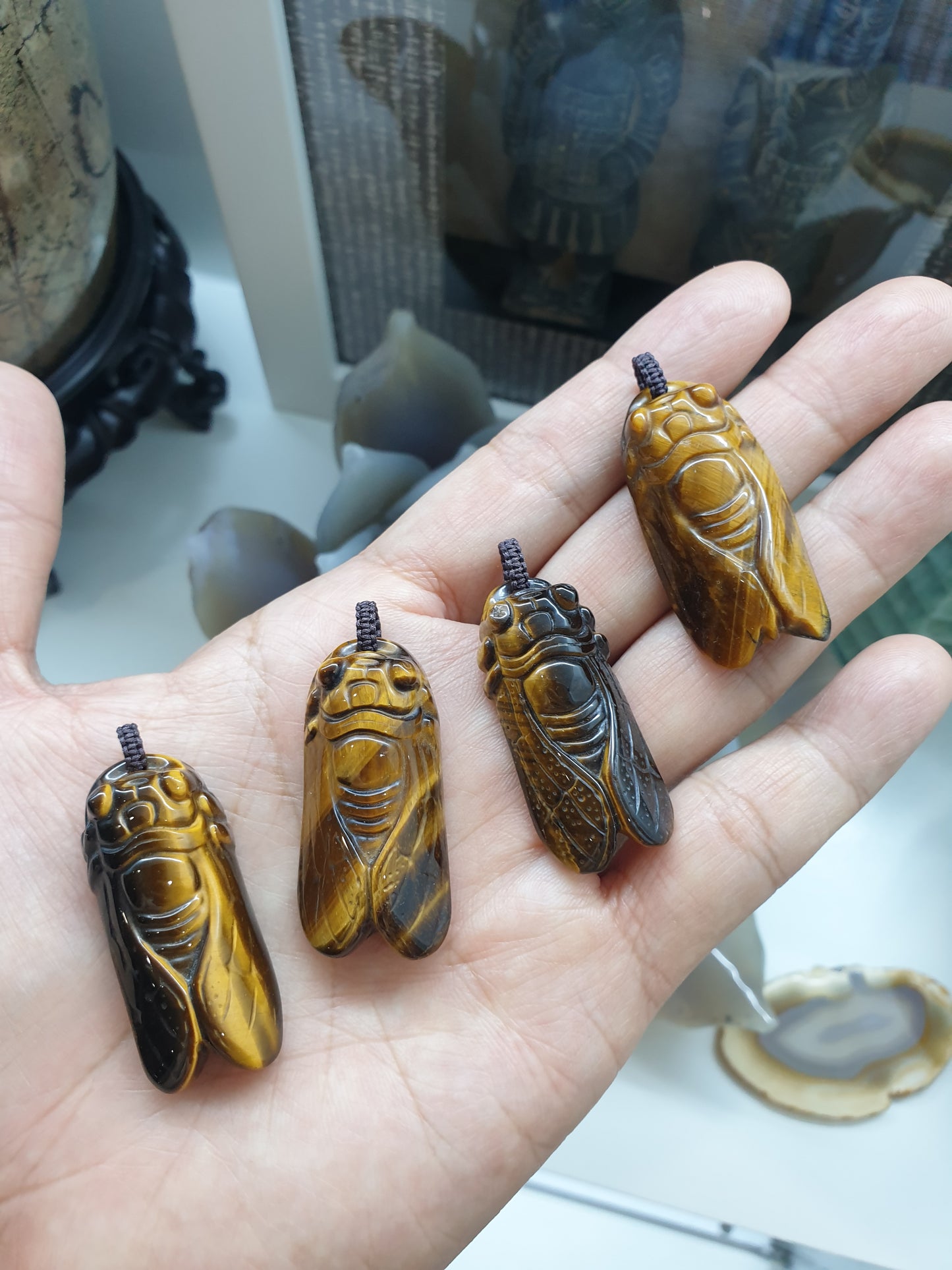 Cicada Pendant (Random Pick) | Natural Tiger's Eye Stone | Handwoven Thread Bail