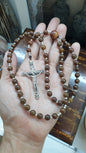 Brown Jade Rosary - 29 inch - Natural Jadeite Vintage Beads - Sterling Silver Crucifix