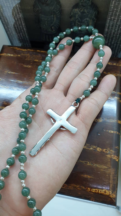 Jade Beads Rosary (24.5 inch) | Type A Natural Blue-Green Jadeite + Sterling Silver Crucifix