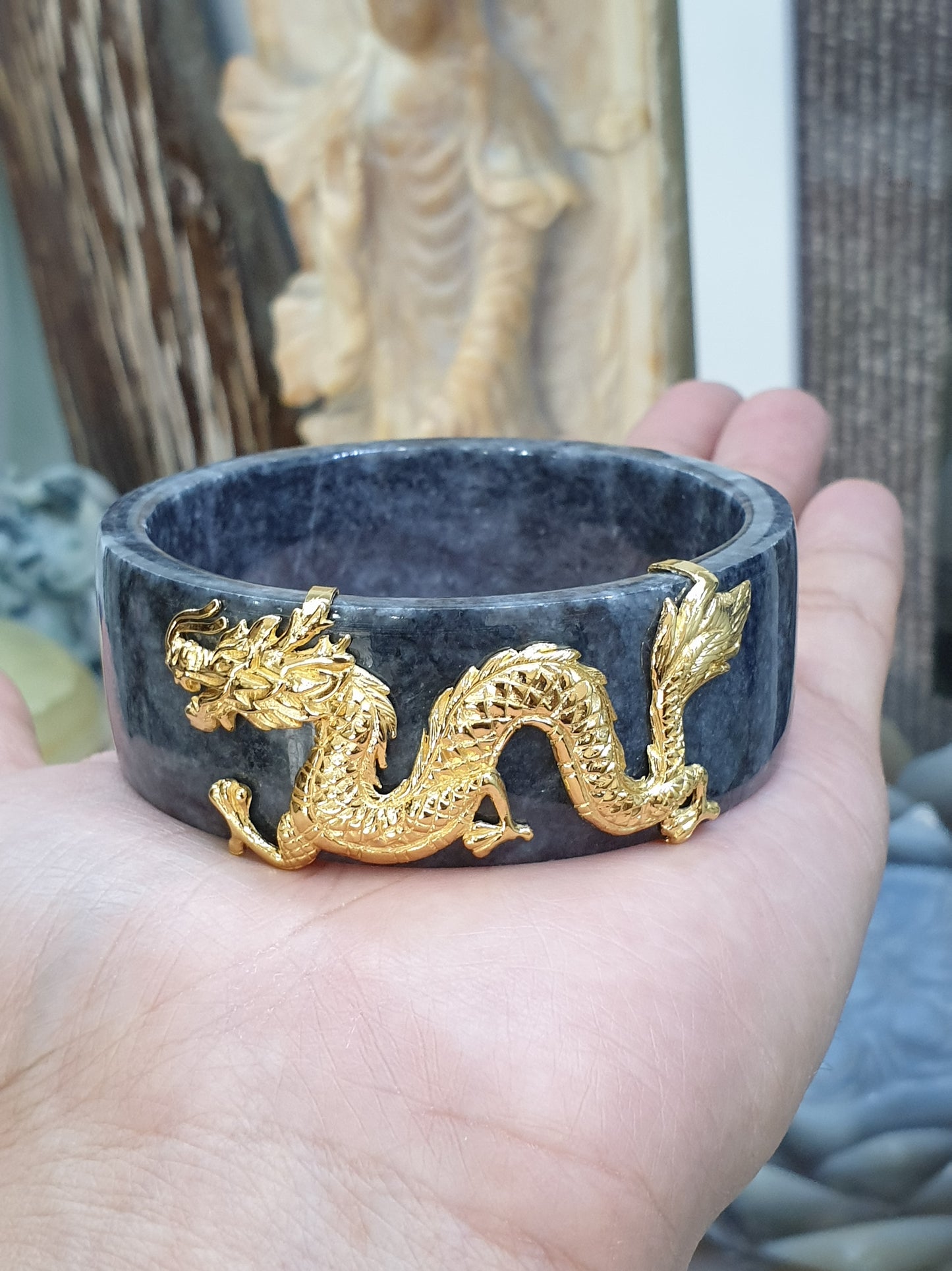 Fortune Dragon on Black Jade Bangle (S 63) | Sterling Silver | Type A Natural Jadeite | Statement Wrist Accessory