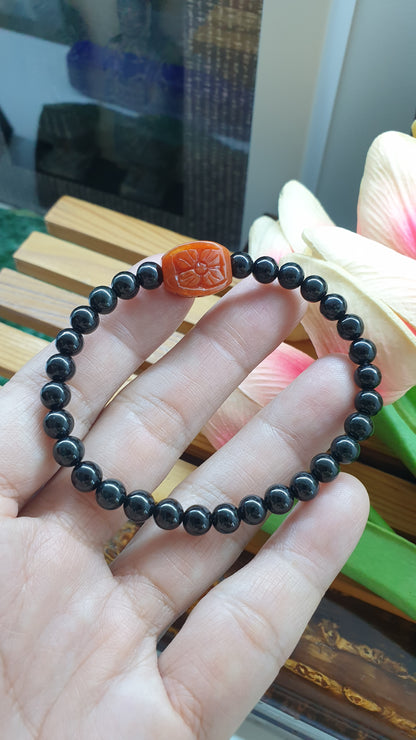 Black Jade Luck Magnet Bracelet 17cm Red Jade 4Leaf Clover Charm Natural Jadeite