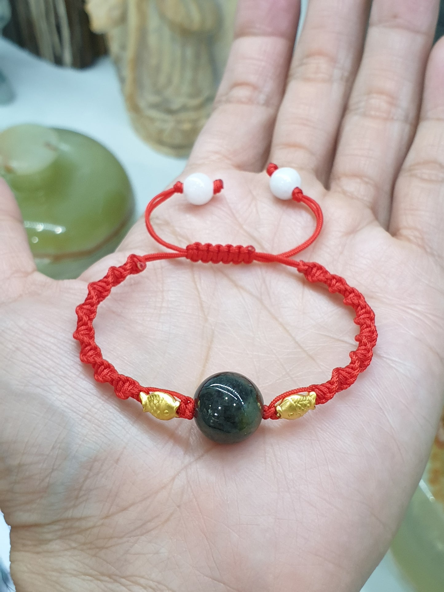 Jade & Koi Fish Red Thread Bracelet (Adjustable) | Pure 24K Gold | Fei Cui - Type A Jadeite