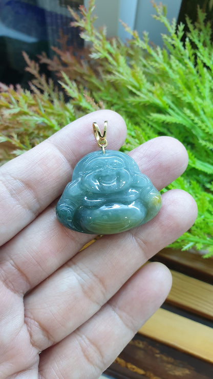 14K Solid Gold Jade Budai Prosperity Pendant Type A Natural Honey Blue Jadeite