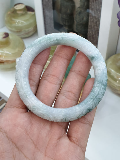 Carved Jade Floral Bangle S56 Cylindrical Type A Moss in Snow Jadeite