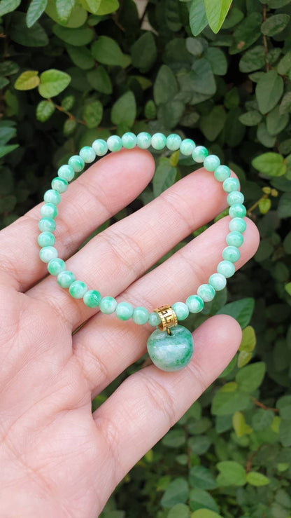 9K Solid Gold Moss in Snow Jade Apple Charm Bracelet 17cm Fei Cui Type A Jadeite
