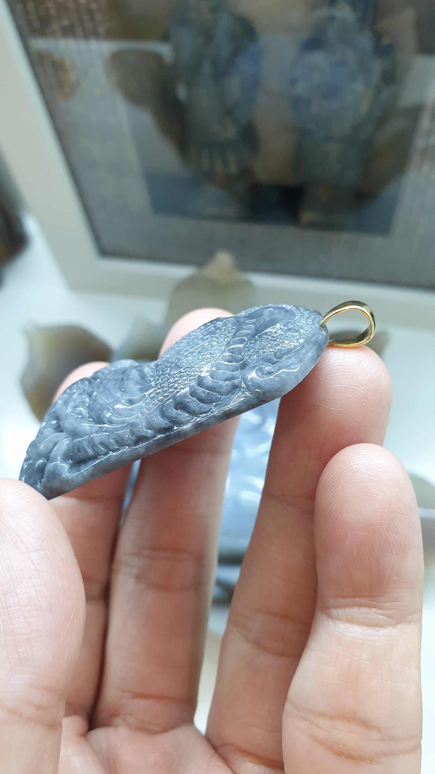 Gents Style Genuine Gray Jade Dragon Pendant 🐉| 9K Gold Bail | Type A Natural Jadeite