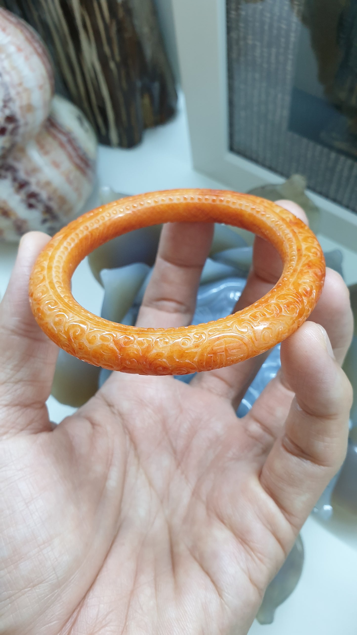 Orange Jade Ru Yi Bangle, Cylindrical S57.5 Authentic Natural Jadeite