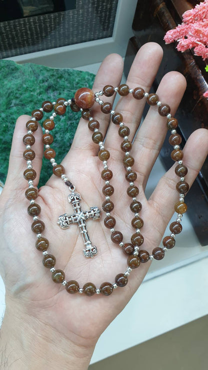 Brown Jade Rosary 27in Type A Natural Myanmar Jadeite Sterling Silver Cross
