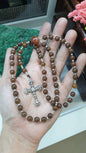 Brown Jade Rosary 27in Type A Natural Myanmar Jadeite Sterling Silver Cross