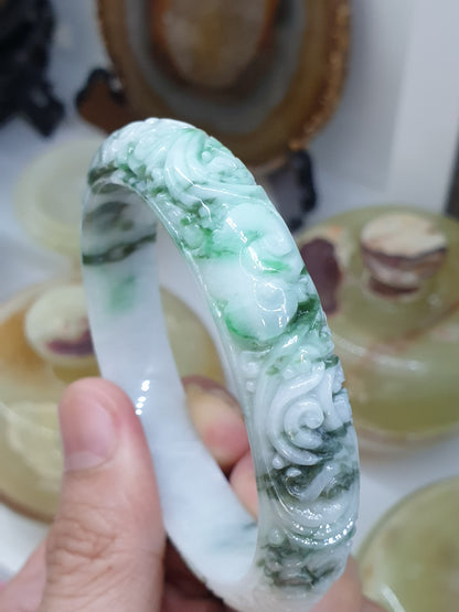 Carved Jade Floral Bangle S58.5 Type A Burma Jadeite Natural Moss in Snow