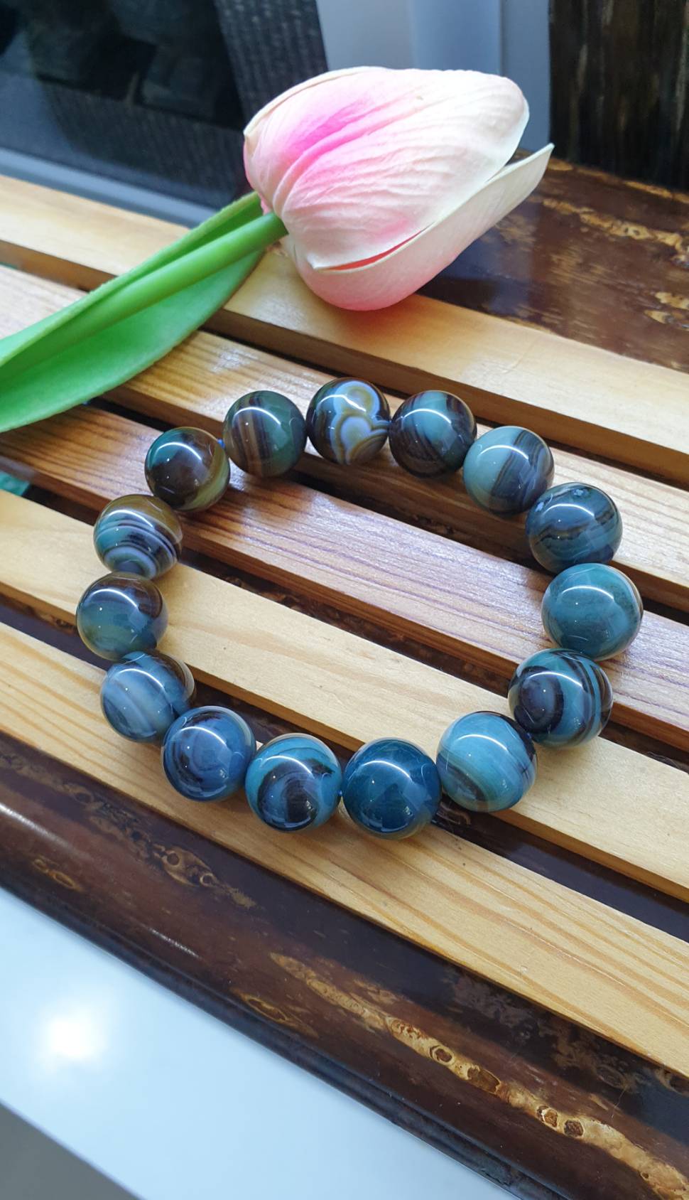 Blue Onyx Bracelets 17cm, Natural Gemstone Beads 14mm