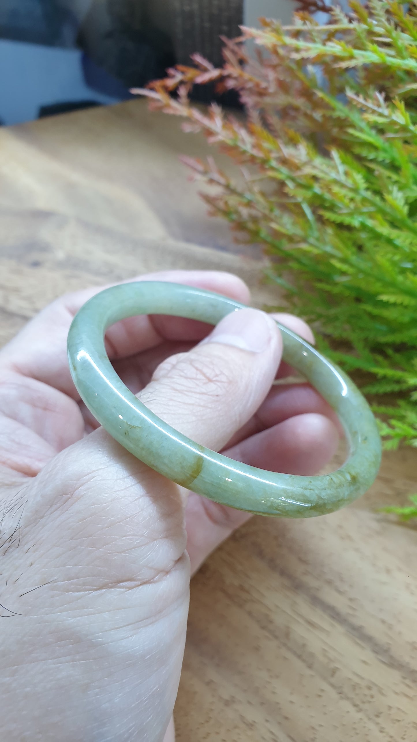 Jade Cylindrical Bangle S54 Slim Type A Myanmar Jadeite Natural Honey Green