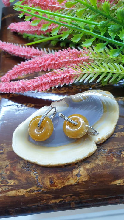 Honey Orange Jade Ping An Kou Sterling Silver Hoop Earrings Type A Natural Jadeite