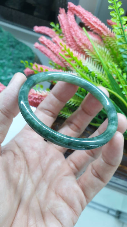 Cylindrical Jade Bangle S57.5 Slim Marbled Green Myanmar Natural Jadeite Type A
