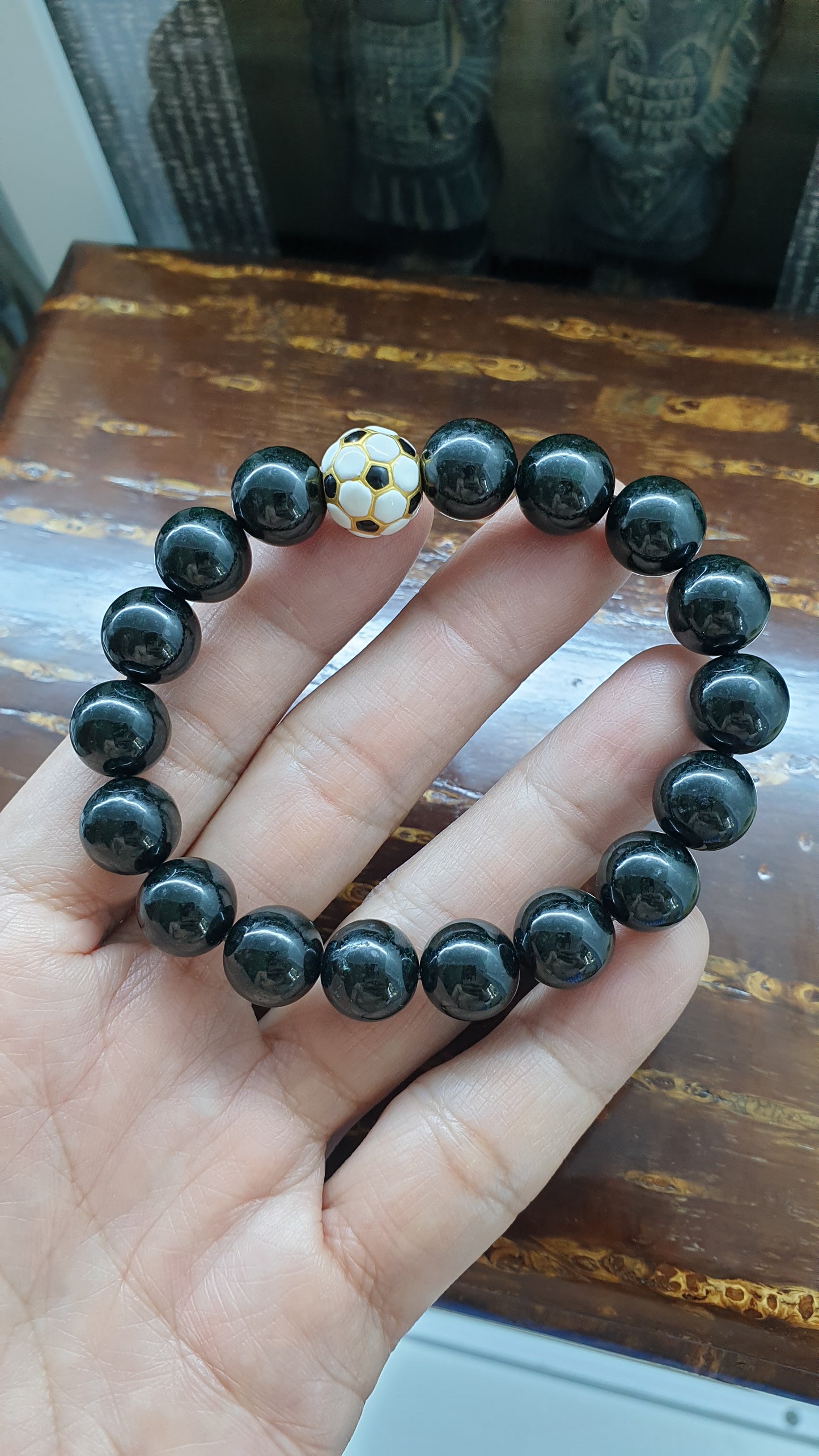 24K Gold Football on Black Jade Bracelet | Pure Gold & Fei Cui Natural Jade | Wrist Candy For Him