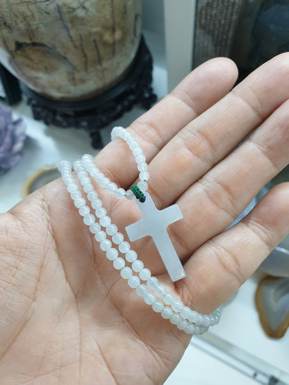 White Crucifix on Icy White Jade beaded Necklace (25") | Fei Cui Type A Jadeite