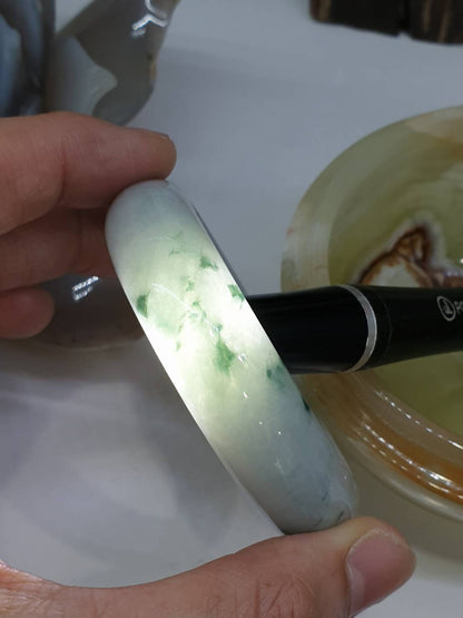 White Jade Everyday Bangle S55 Natural Green Dots Type A Myanmar Jadeite