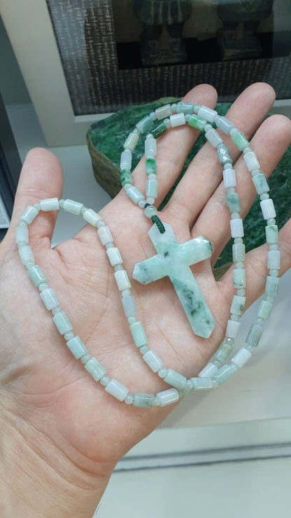 Cross Jade Beaded Necklace 26inch Fei Cui Type A Natural Myanmar Jadeite