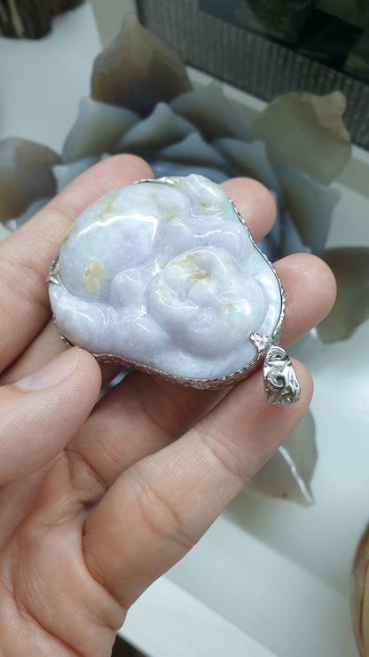 Lavender Jade Happy Buddha Pendant | Textured Sterling Silver | Wealth & Fortune Jewelry