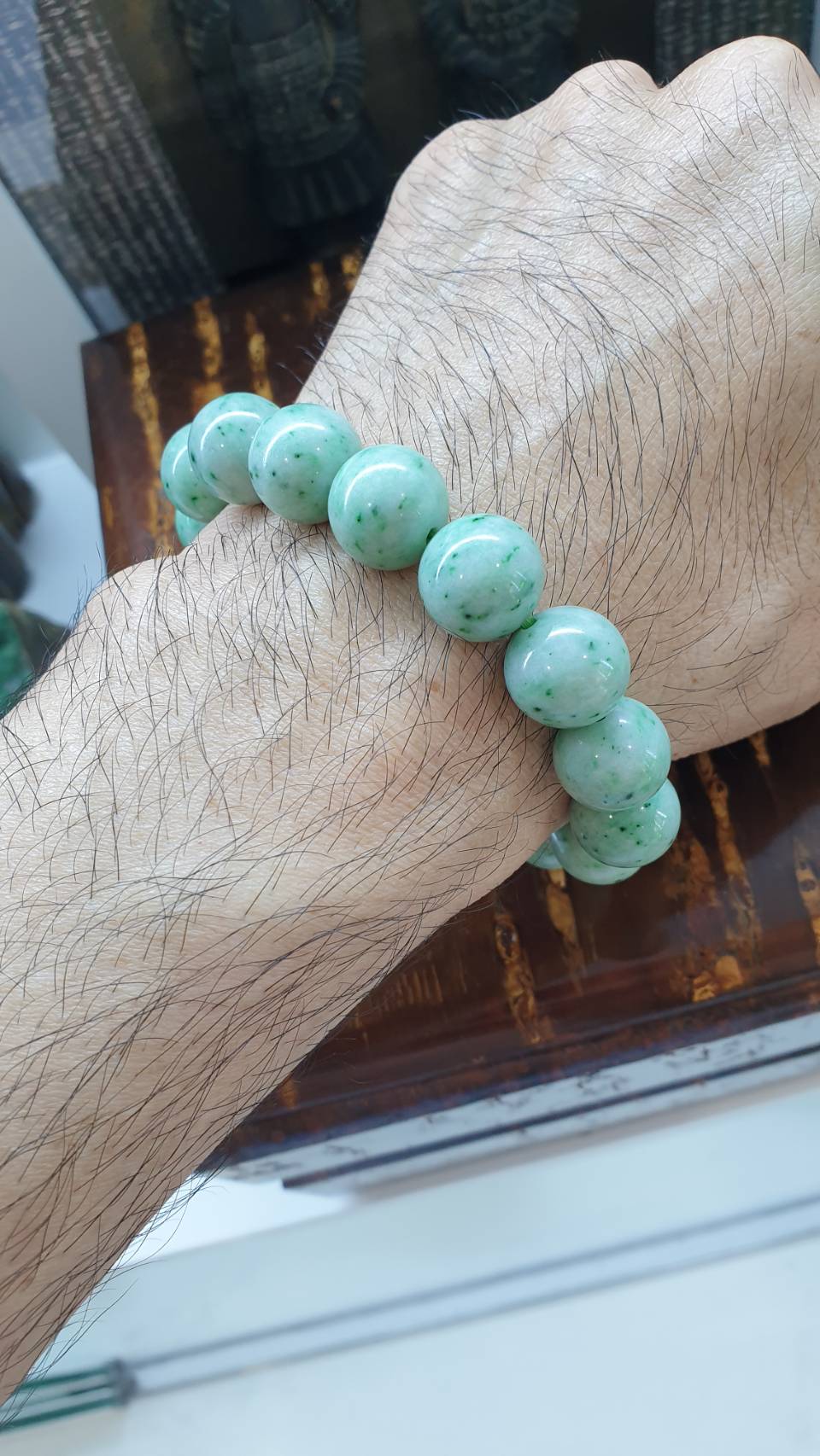 Jade Bracelet 17.5cm Speckled Green Type A Natural Jadeite 13.5mm Beads