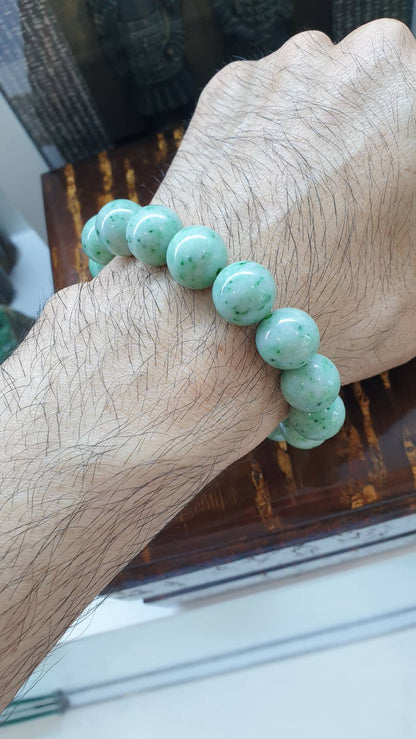 Jade Bracelet 17.5cm Speckled Green Type A Natural Jadeite 13.5mm Beads