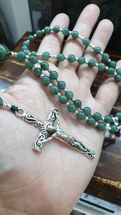 Jade Beads Rosary (24.5 inch) | Type A Natural Blue-Green Jadeite + Sterling Silver Crucifix