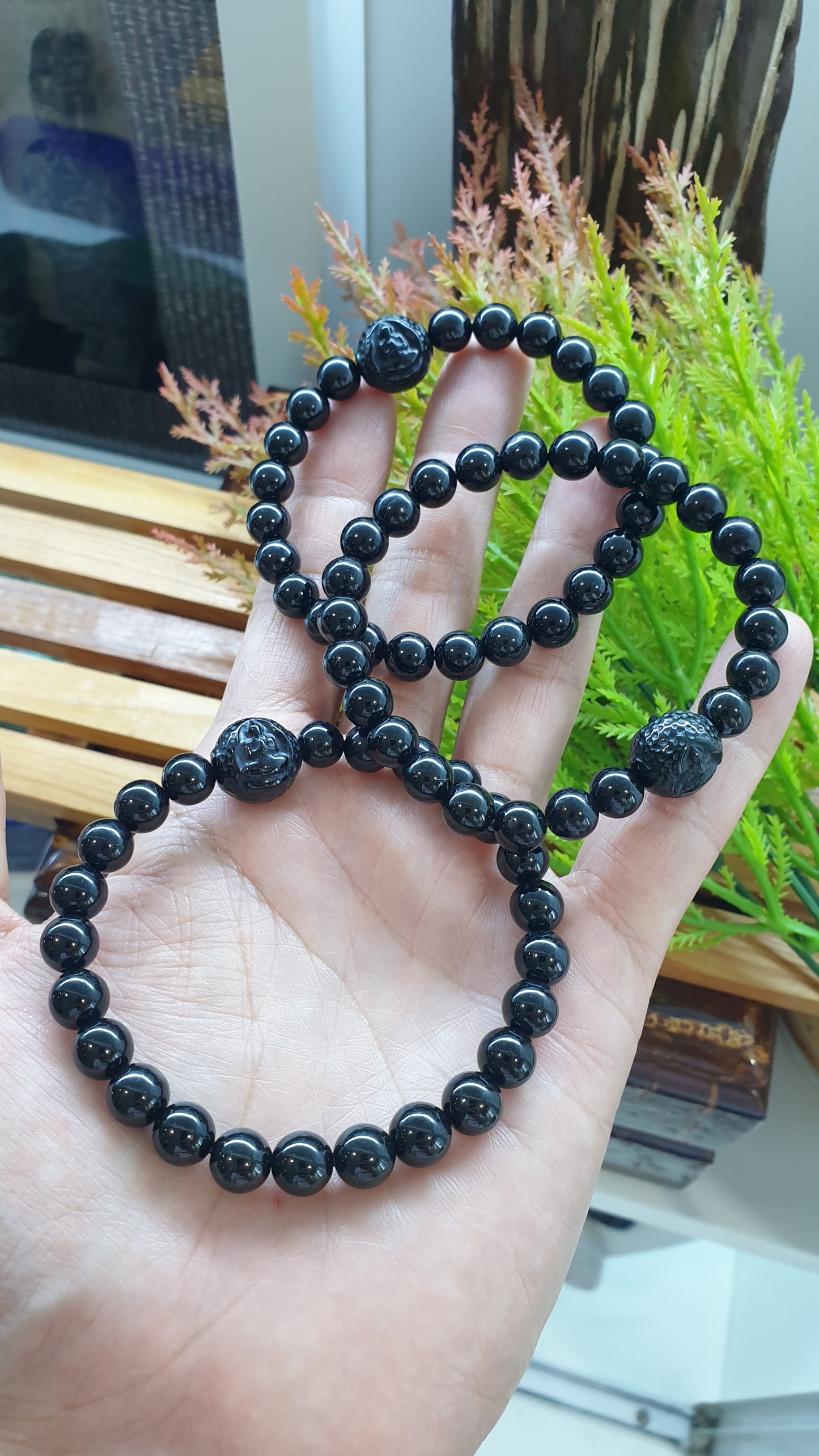 Black Jade Buddha Peace Bracelets 17cm Natural Burma Jadeite 8mm Beads