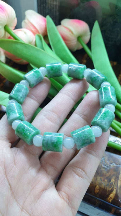 Jade Cylinder Beads Bracelets (18 cm) | Mottled Green, Type A Natural Jadeite | His or Hers Wrist Accessories