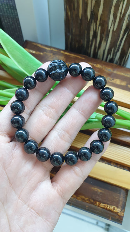 Black Jade Bodhi Wisdom Bracelet 17cm Type A Natural Burma Jadeite 10mm Beads