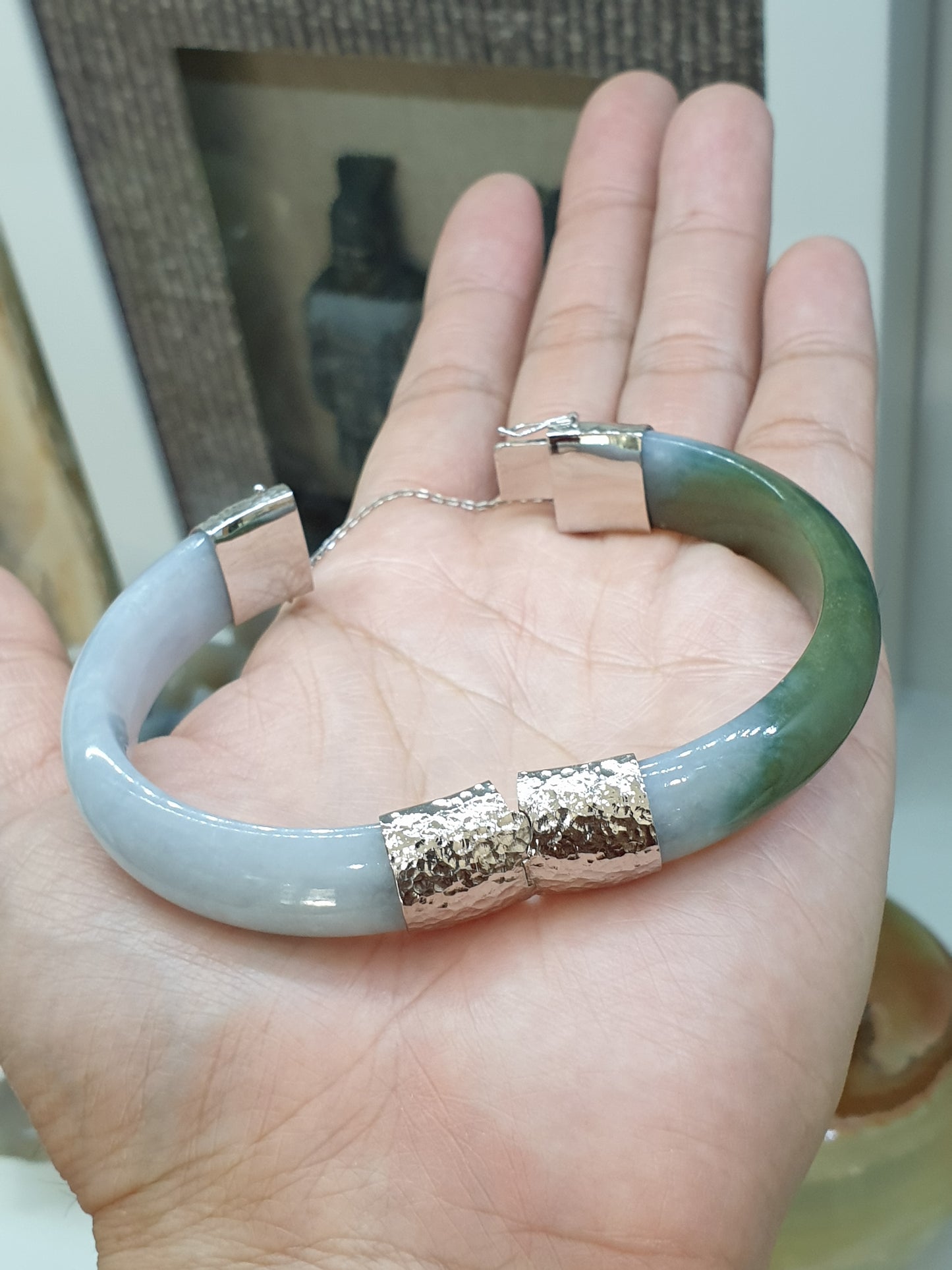 Lavender-Green Jade Split Bangle (S 60) | Sterling Silver | Type A Natural Jadeite | Eye Candy Wrist Accessory for Him or Her