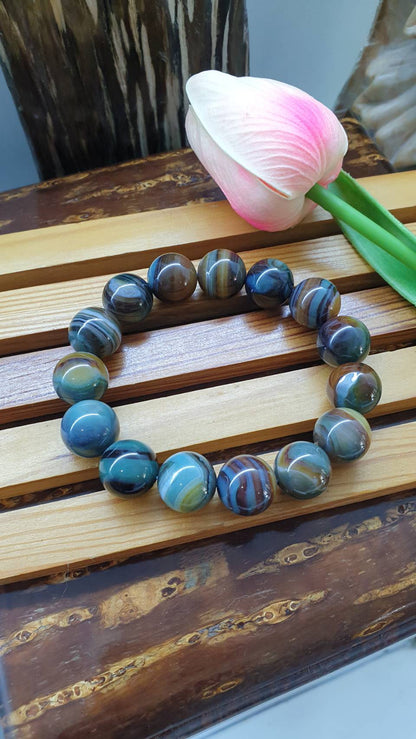 Blue Onyx Bracelets 17cm, Natural Gemstone Beads 14mm