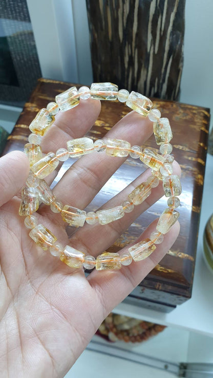 Citrine Stretch Bracelets 17cm, Natural Gemstone Rugged Cylinder Beads