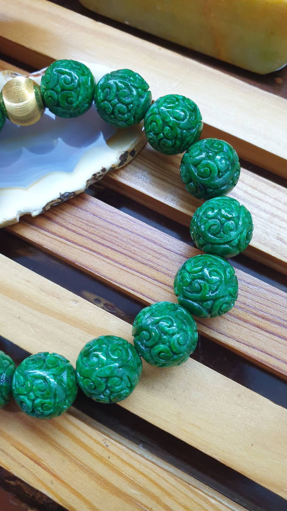 24K Gold Fei Cui Green Jade Ru Yi Beads Bracelet 17cm Type A Natural Myanmar Jadeite
