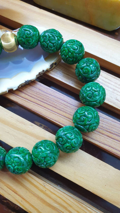 24K Gold Fei Cui Green Jade Ru Yi Beads Bracelet 17cm Type A Natural Myanmar Jadeite