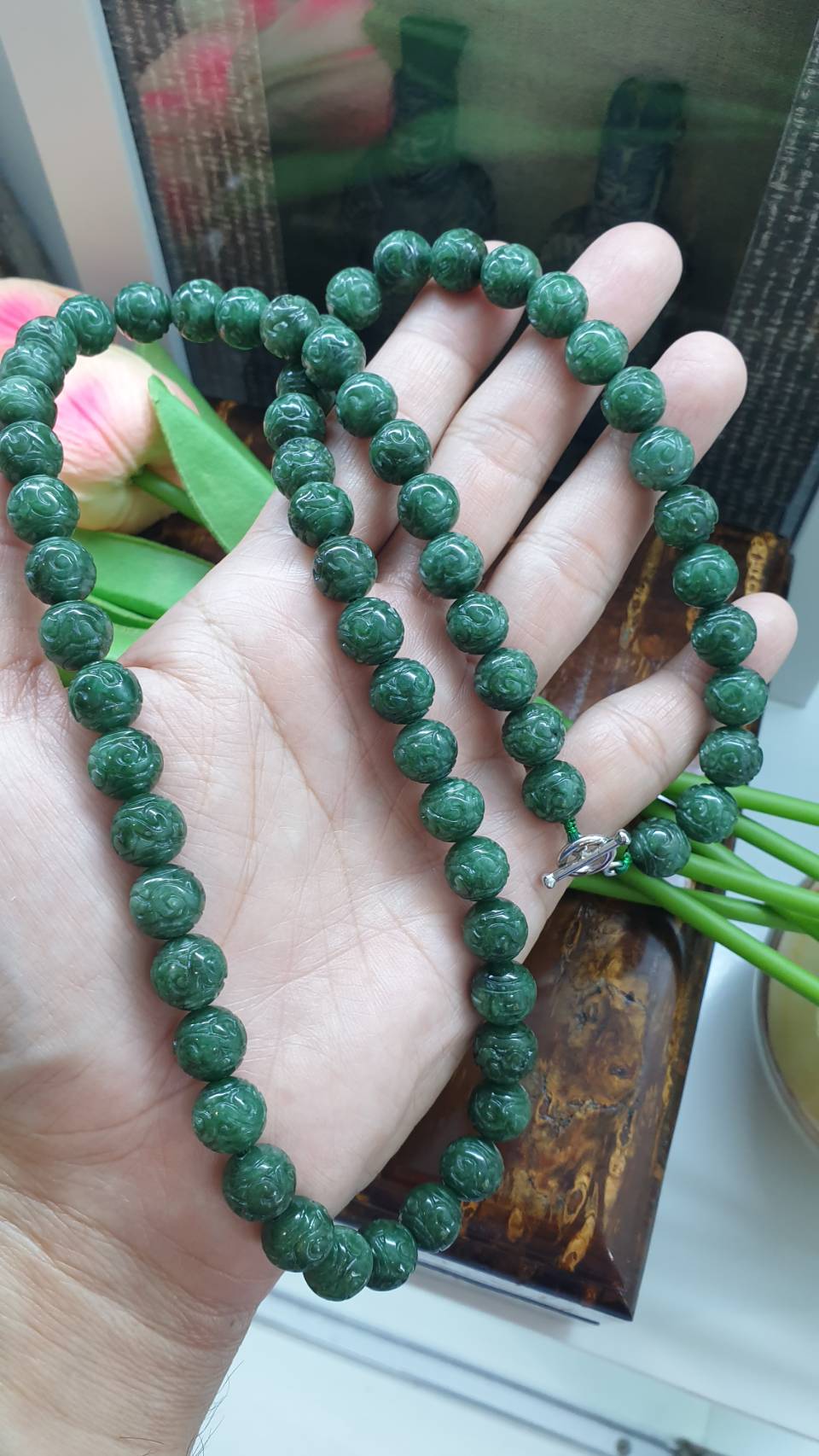 Type A Natural Jadeite Ru Yi Beads Necklace - 9K White Gold Toggle - 25 Inch