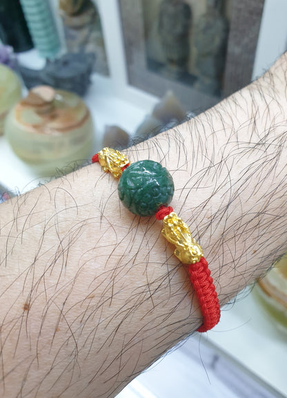 Jade Ru Yi & Gold Pixiu on Red Thread Bracelet (Adjustable) | Pure 24K Gold | Fei Cui - Type A Jadeite