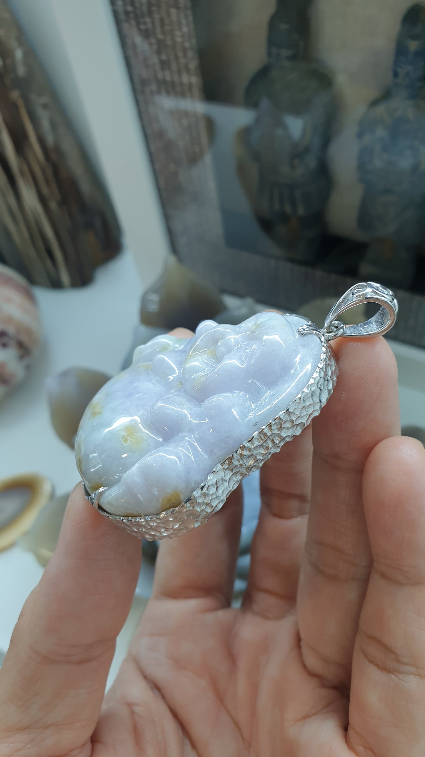 Lavender Jade Happy Buddha Pendant | Textured Sterling Silver | Wealth & Fortune Jewelry